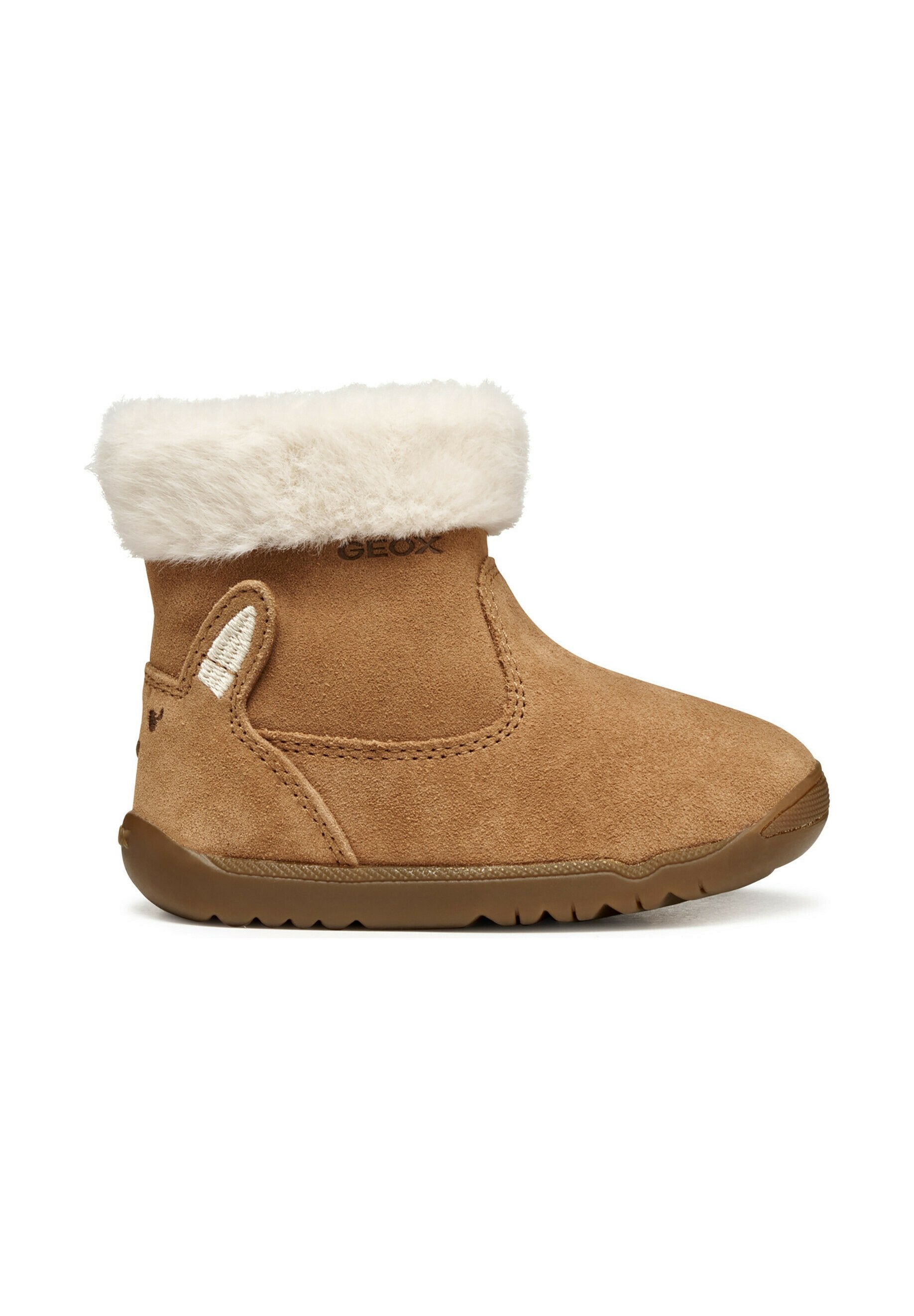 Hellbraune Wildleder-Stiefelette mit Kunstfellkragen, gepolsterter Sohle, abgerundeter Zehenpartie und seitlichen Details. Markenlogo an der Seite. Robuste Gummi-Außensohle.