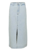 Denimrock in Hellblau, gerade geschnitten, knielang mit einem Schlitz vorne, Gürtelschlaufen und einer Knopfschließe am Bund.