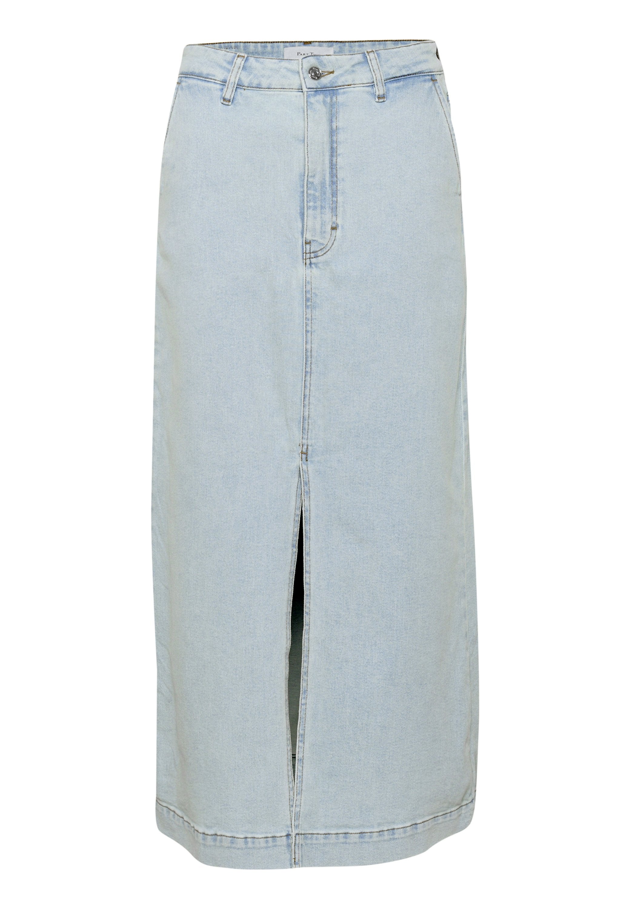 Denimrock in Hellblau, gerade geschnitten, knielang mit einem Schlitz vorne, Gürtelschlaufen und einer Knopfschließe am Bund.