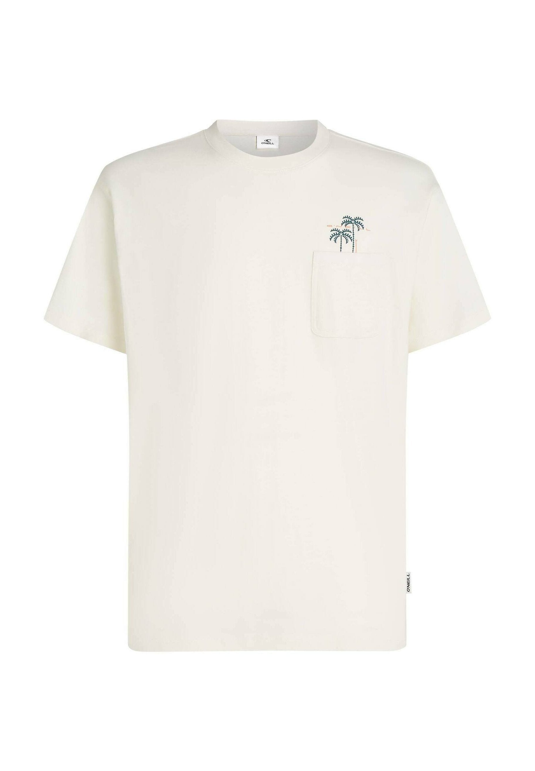 Kurzärmeliges, cremefarbenes T-Shirt aus Baumwolle mit einer Brusttasche und einer kleinen Stickerei eines Palmenbaums in Dunkelgrün und Orange.