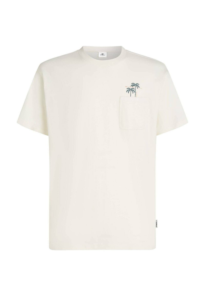 Kurzärmeliges, cremefarbenes T-Shirt aus Baumwolle mit einer Brusttasche und einer kleinen Stickerei eines Palmenbaums in Dunkelgrün und Orange.