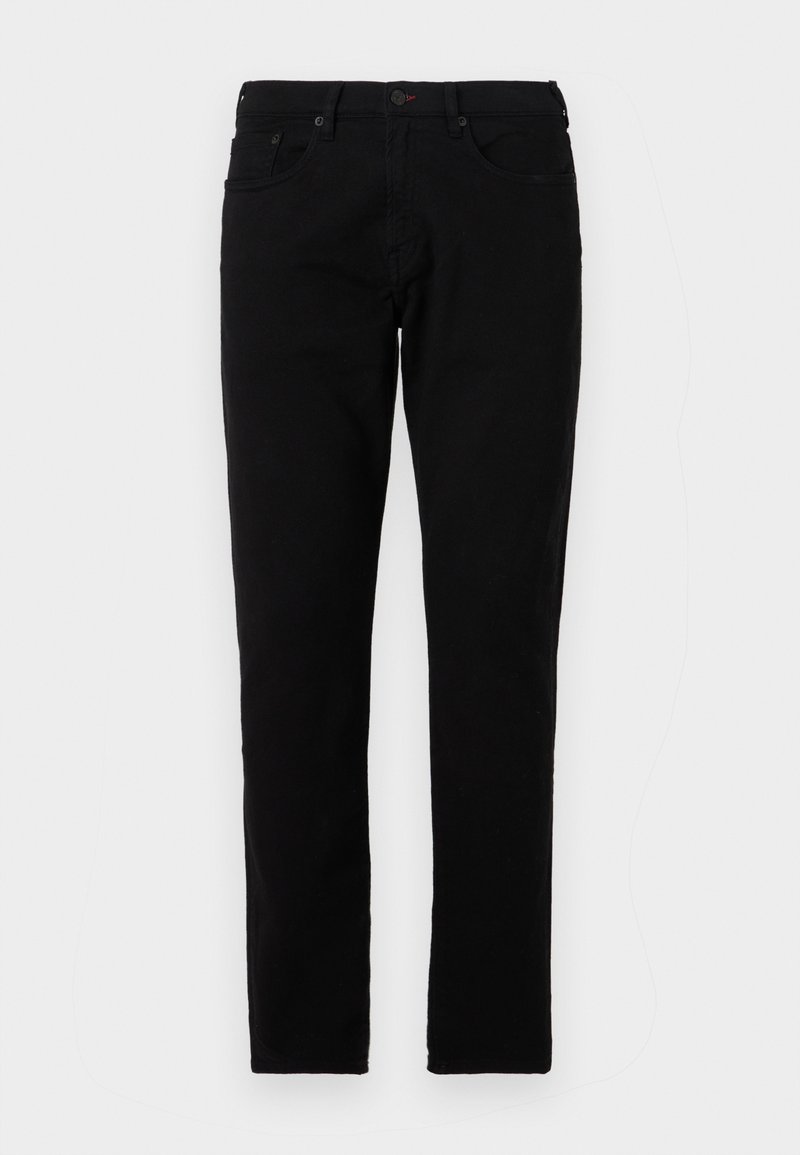 Schwarze Jeans aus Denim mit geradem Schnitt, ausgestattet mit einem Knopfverschluss, fünf Taschen und Nähten entlang der Säume.