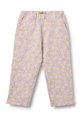 Lila Hose mit Gänseblümchenmuster in Gelb und Weiß, mit elastischem Bund und Seitentaschen für Komfort und Tragekomfort.