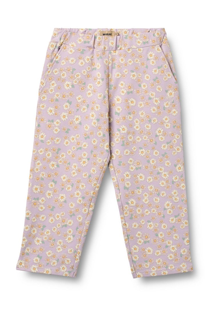 Lila Hose mit Gänseblümchenmuster in Gelb und Weiß, mit elastischem Bund und Seitentaschen für Komfort und Tragekomfort.