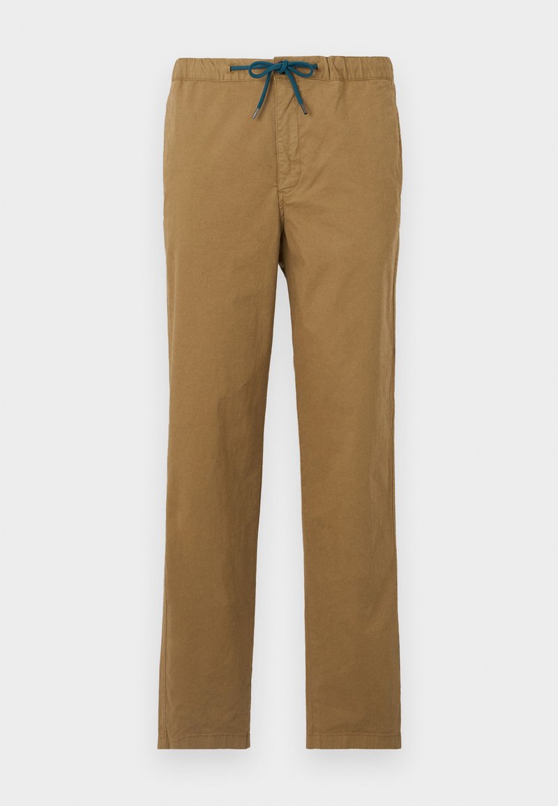 Braune Baumwollhosen mit einem verstellbaren Taillenbund in Teal. Das Design verfügt über gerade Beine und hat keine sichtbaren Taschen oder Verzierungen.