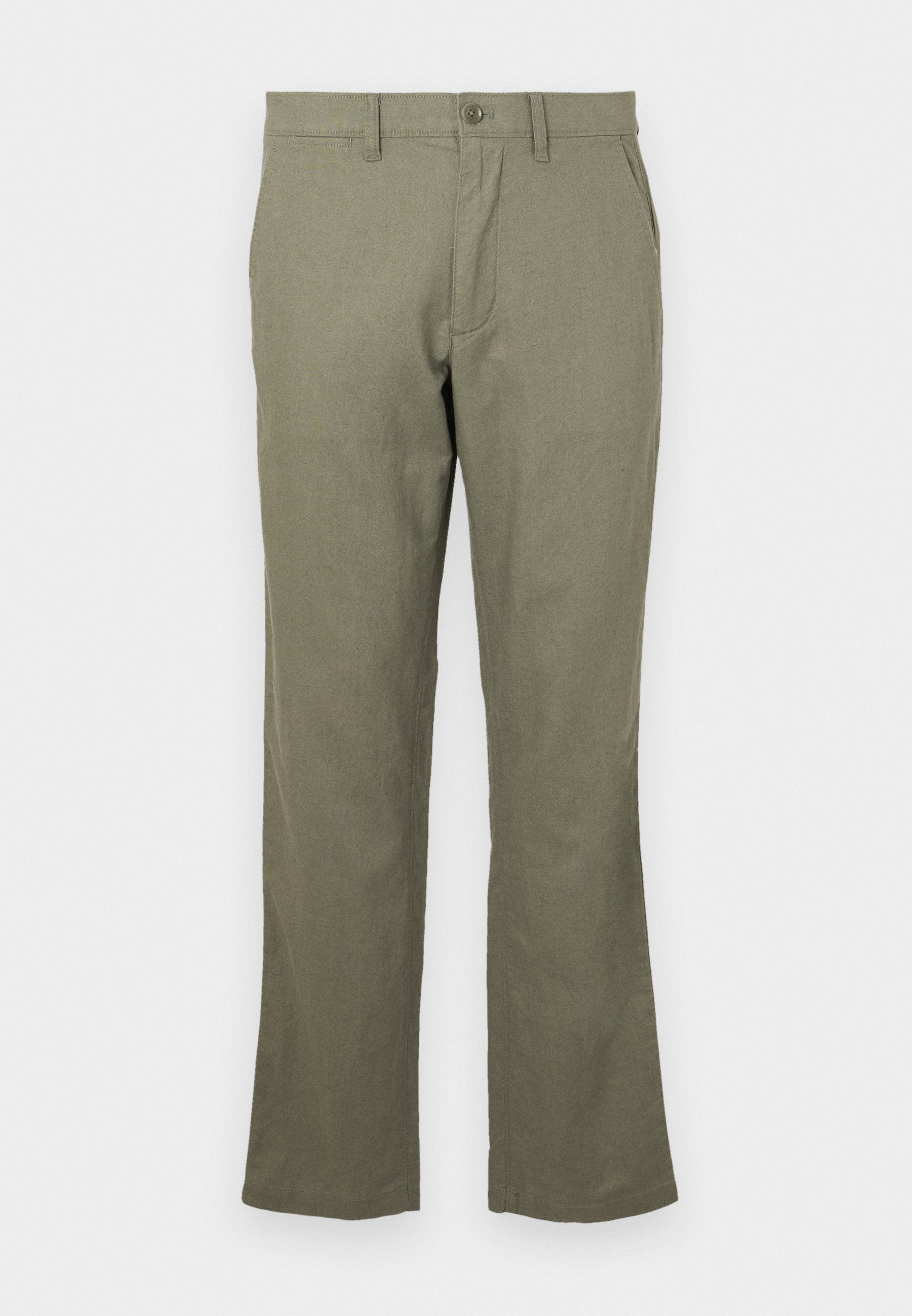Lässige olivgrüne Hose aus einem weichen Stoff. Mit geradem Beinschnitt, Fronttaschen und Knopfverschluss. Keine sichtbaren Muster.