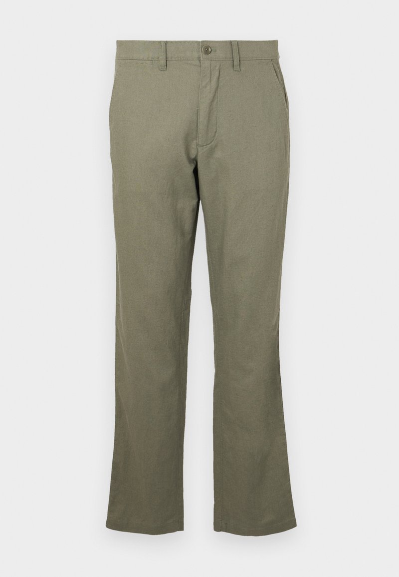 Lässige olivgrüne Hose aus einem weichen Stoff. Mit geradem Beinschnitt, Fronttaschen und Knopfverschluss. Keine sichtbaren Muster.