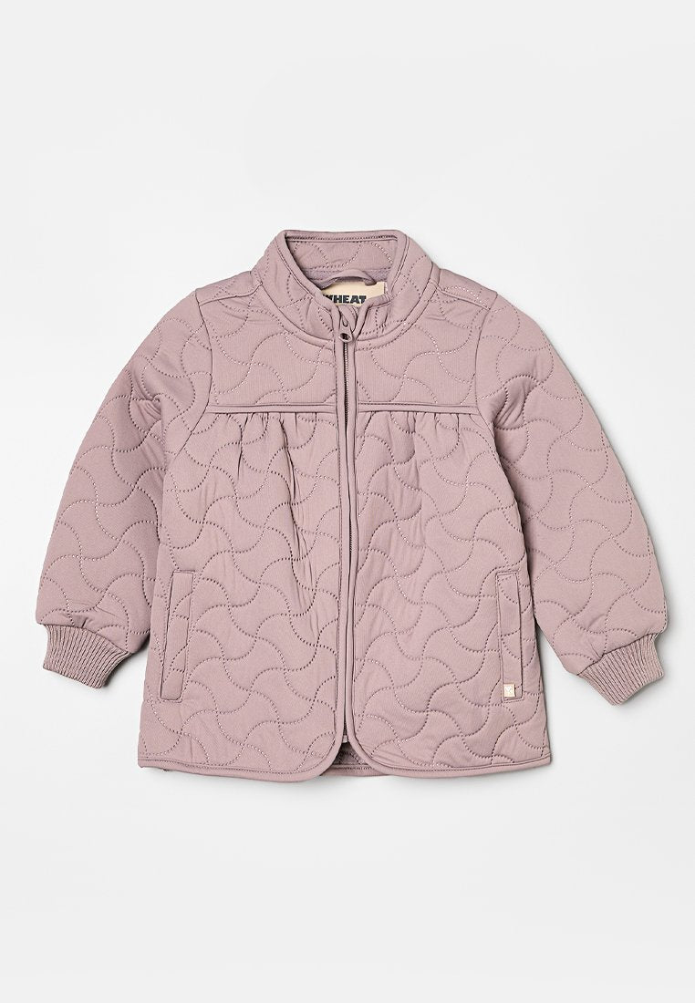 Gepatchte lila Jacke mit rundem Ausschnitt, Reißverschluss, seitlichen Taschen und gerippten Bündchen. Verfügt über ein gewelltes gesticktes Muster für Textur.