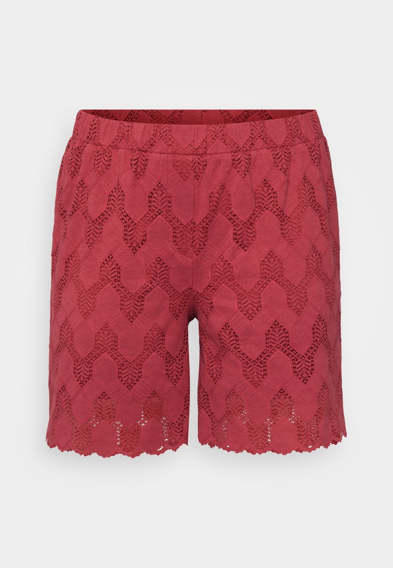 Rote Shorts aus Spitze mit einem Zickzackmuster, versehen mit einem gewellten Saum und einem elastischen Bund für zusätzlichen Komfort.