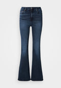 Dunkelblaue Jeans im Bootcut-Stil mit hoher Taille, vorne mit Knopf- und Reißverschluss sowie klassischem Fünf-Taschen-Design.