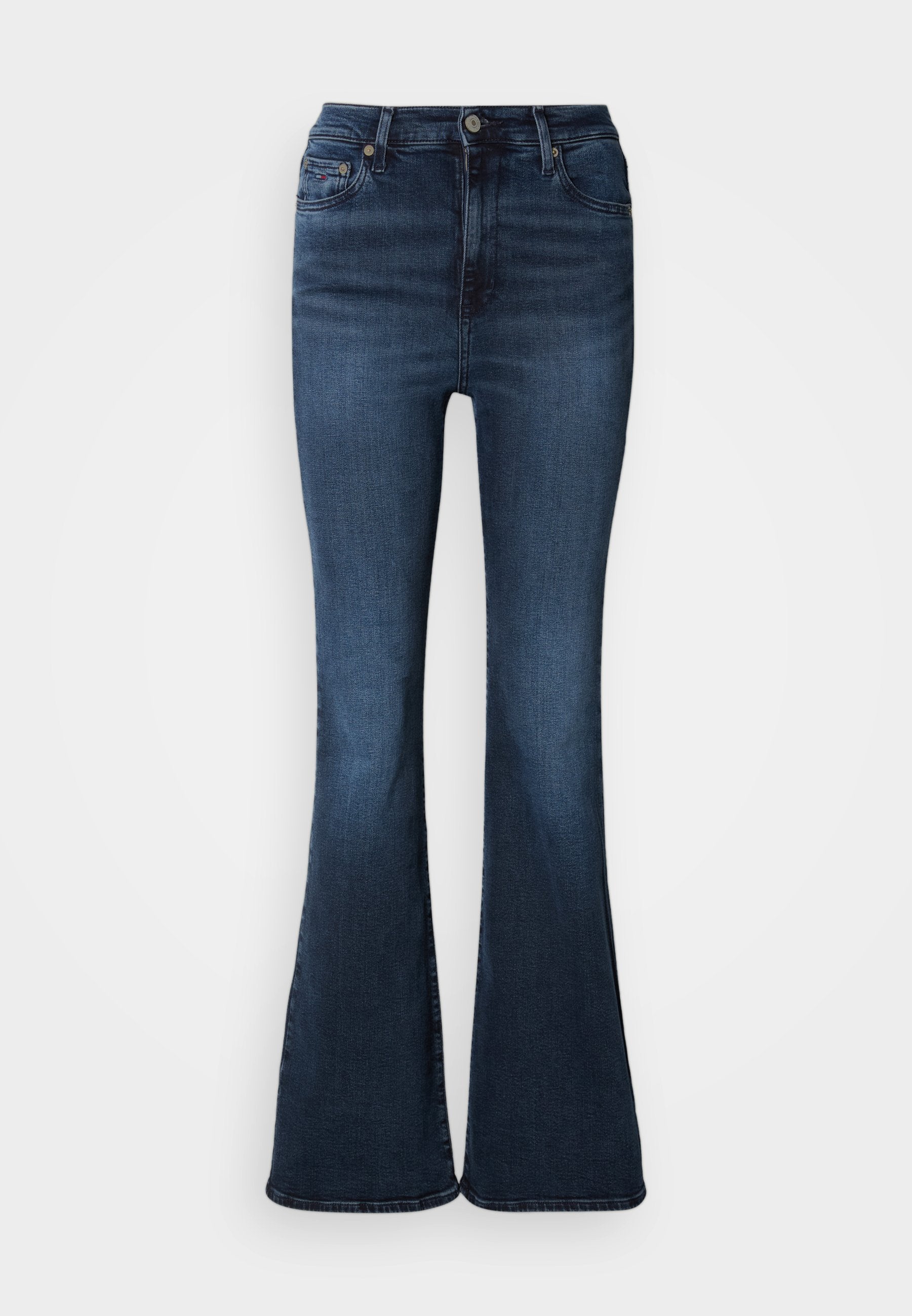Dunkelblaue Jeans im Bootcut-Stil mit hoher Taille, vorne mit Knopf- und Reißverschluss sowie klassischem Fünf-Taschen-Design.
