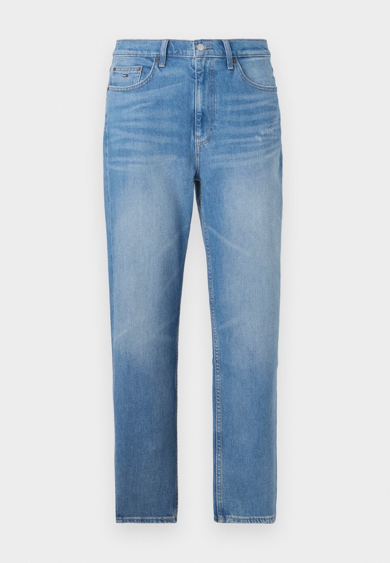 Hellblaue Denim-Jeans mit geradem Schnitt, ausgewaschenem Finish und Reißverschluss. Verfügt über fünf Taschen und ein geprägtes Etikett am hinteren Bund.