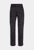 Schwarze Denim-Jeans mit geradem Bein, subtiler Ausbleichung, fünf Taschenstil und Metallknopfverschluss am Bund.