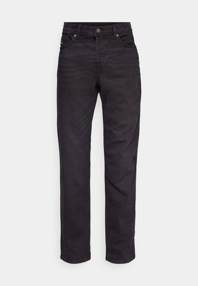 Schwarze Denim-Jeans mit geradem Bein, subtiler Ausbleichung, fünf Taschenstil und Metallknopfverschluss am Bund.