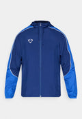 Marineblaue Zip-Jacke mit blauen Akzenten und weißen Paspeln. Verfügt über eine Kapuze und elastische Bündchen, hergestellt aus leichtem Material. Nike-Logo auf der Brust.