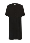 Schwarzes Kurzarmkleid mit Knopfverschluss, strukturiertem Stoff mit Diamantmustern und einer lockeren A-Linien-Silhouette.
