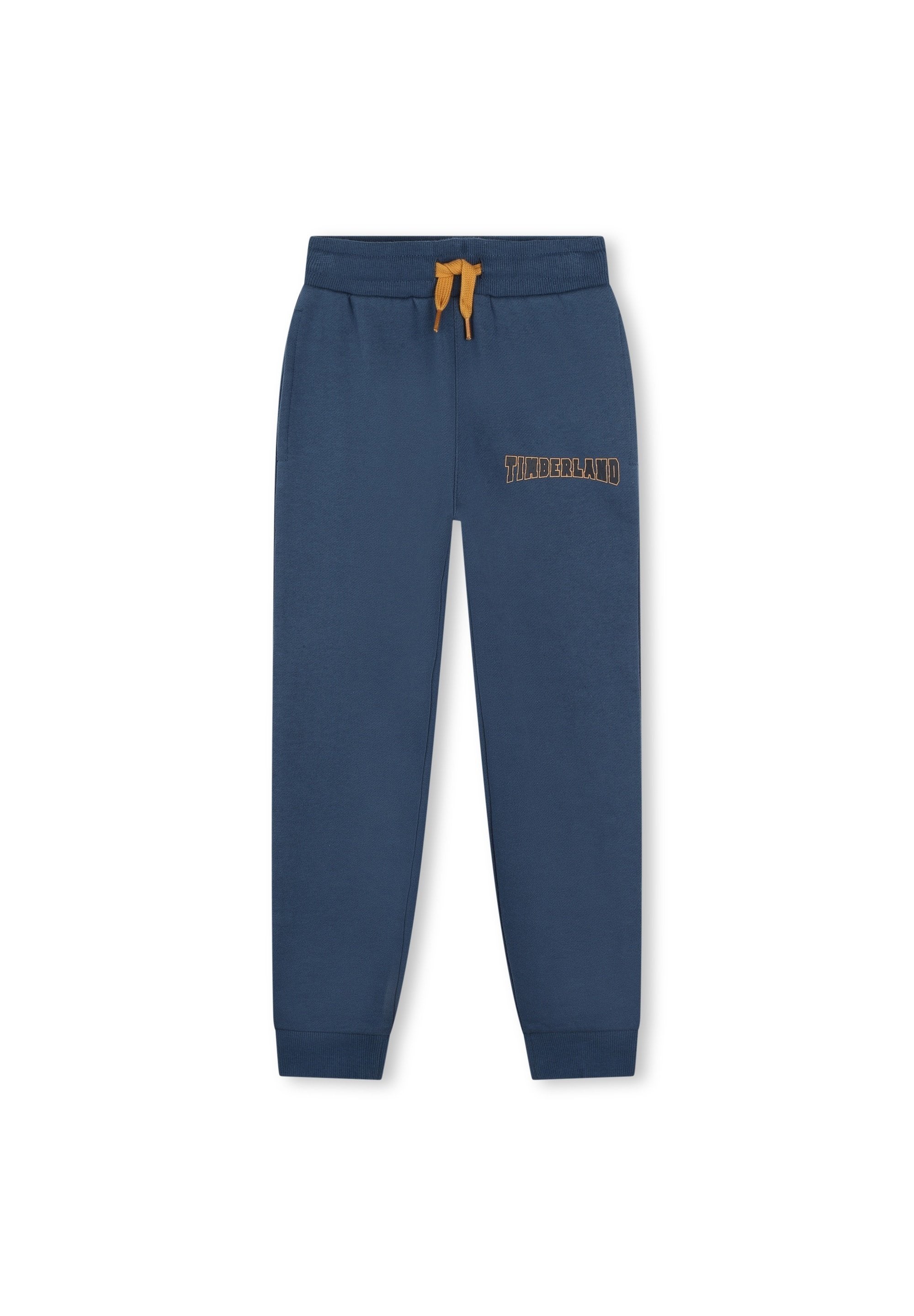 Navyblaue Jogginghosen mit elastischem Bund, senfgelbem Kordelzug, Seitentaschen, gerippten Bündchen und orangefarbenem "Timberland"-Logo am linken Oberschenkel.