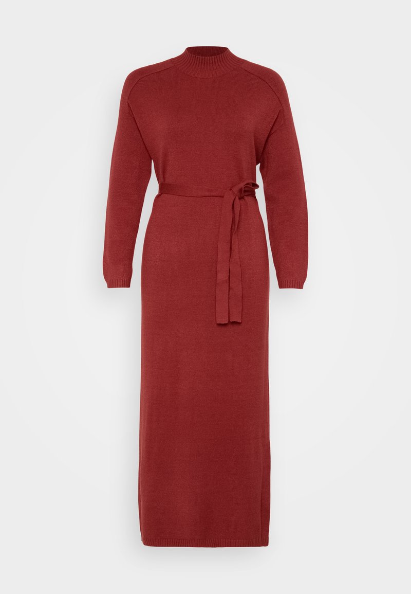 Rotes, langärmliges Strickkleid mit hohem Kragen und tailliertem Gürtel. Das Kleid hat einen geraden Schnitt und gerippte Bündchen und besteht aus weichem Material.