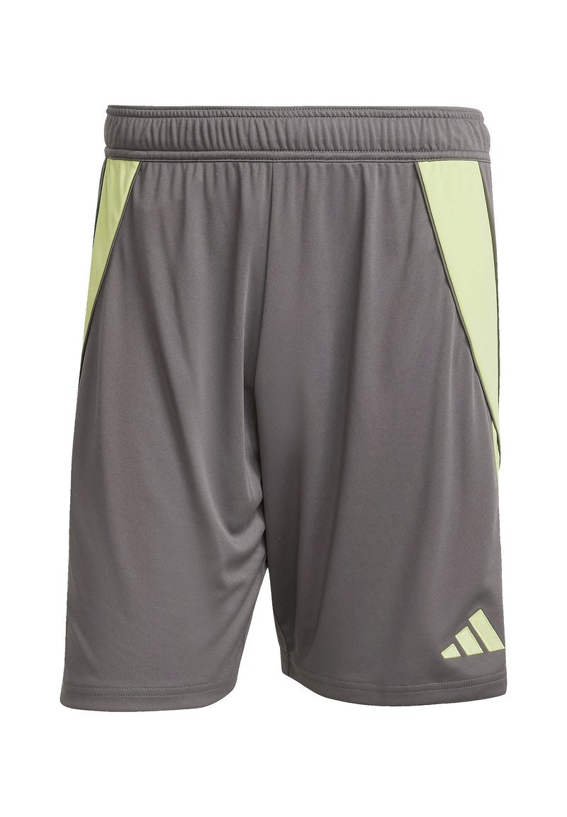 Graue Sportshorts mit gelben Akzenten. Elastischer Bund, leichtes Material, seitliche Einsätze und ein kleines Logo auf der unteren rechten Seite.