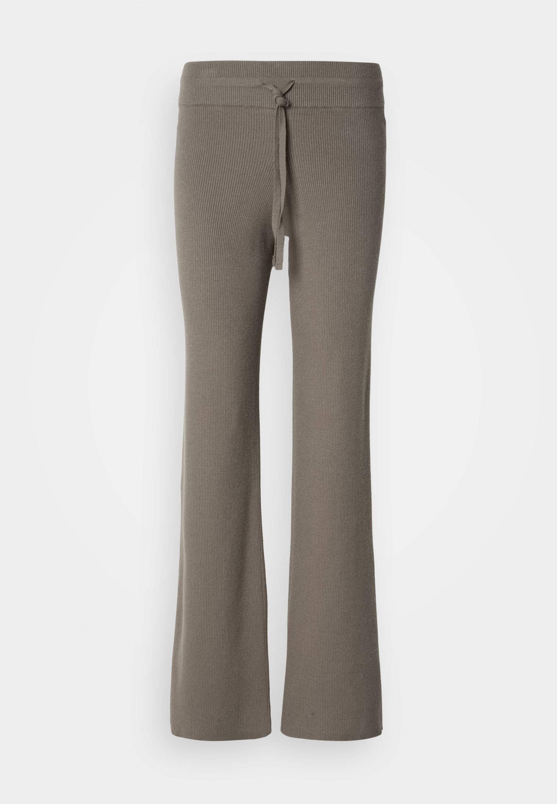 Ausgestellte, gerippte Hosen in einem gedämpften Taupe-Ton, mit einem Kordelzugbund und einem weichen, strukturierten Stoff.