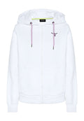Weißer Kapuzenpullover mit Reißverschluss, lavendelfarbenen Kordeln, Fronttaschen und einer kleinen bestickten Figur auf der linken Brust.