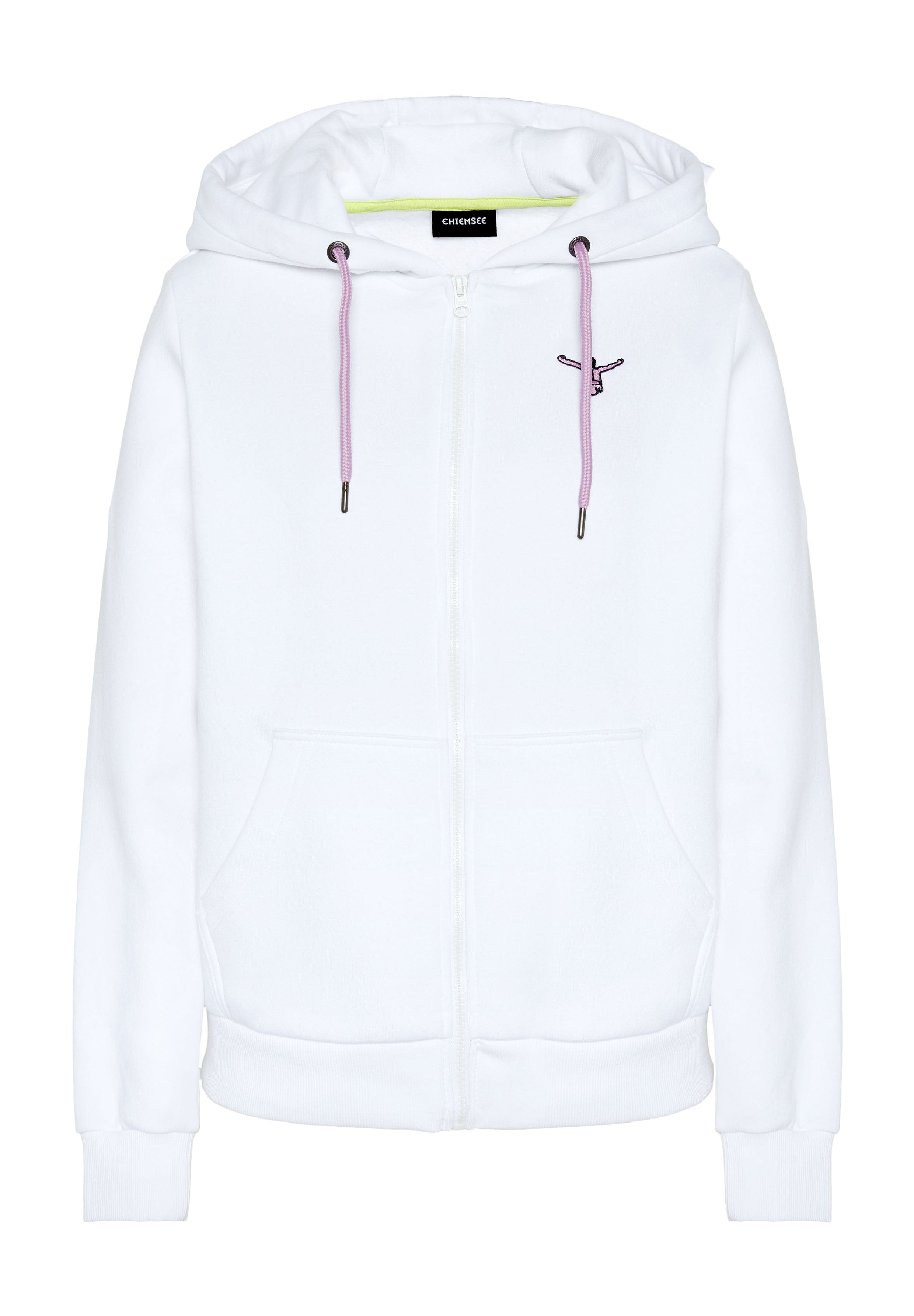 Weißer Kapuzenpullover mit Reißverschluss, lavendelfarbenen Kordeln, Fronttaschen und einer kleinen bestickten Figur auf der linken Brust.