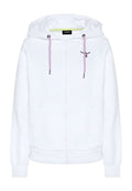 Weißer Kapuzenpullover mit Reißverschluss, lavendelfarbenen Kordeln, Fronttaschen und einer kleinen bestickten Figur auf der linken Brust.
