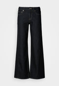 Dunkelblaue Jeans mit weitem Bein, hoher Taille, fünf Taschen und kontrastierenden gelben Nähten entlang der Nähte.