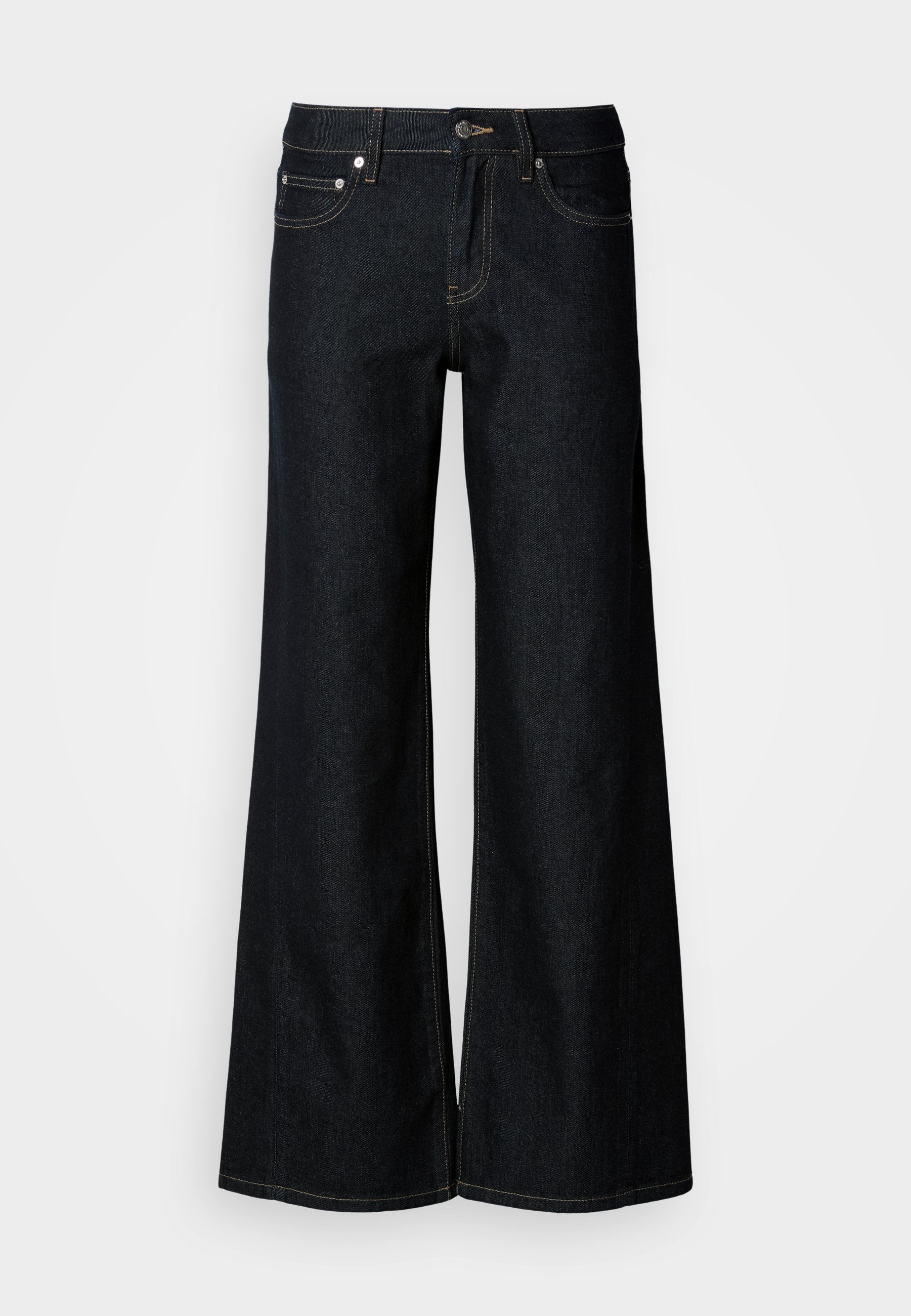 Dunkelblaue Jeans mit weitem Bein, hoher Taille, fünf Taschen und kontrastierenden gelben Nähten entlang der Nähte.