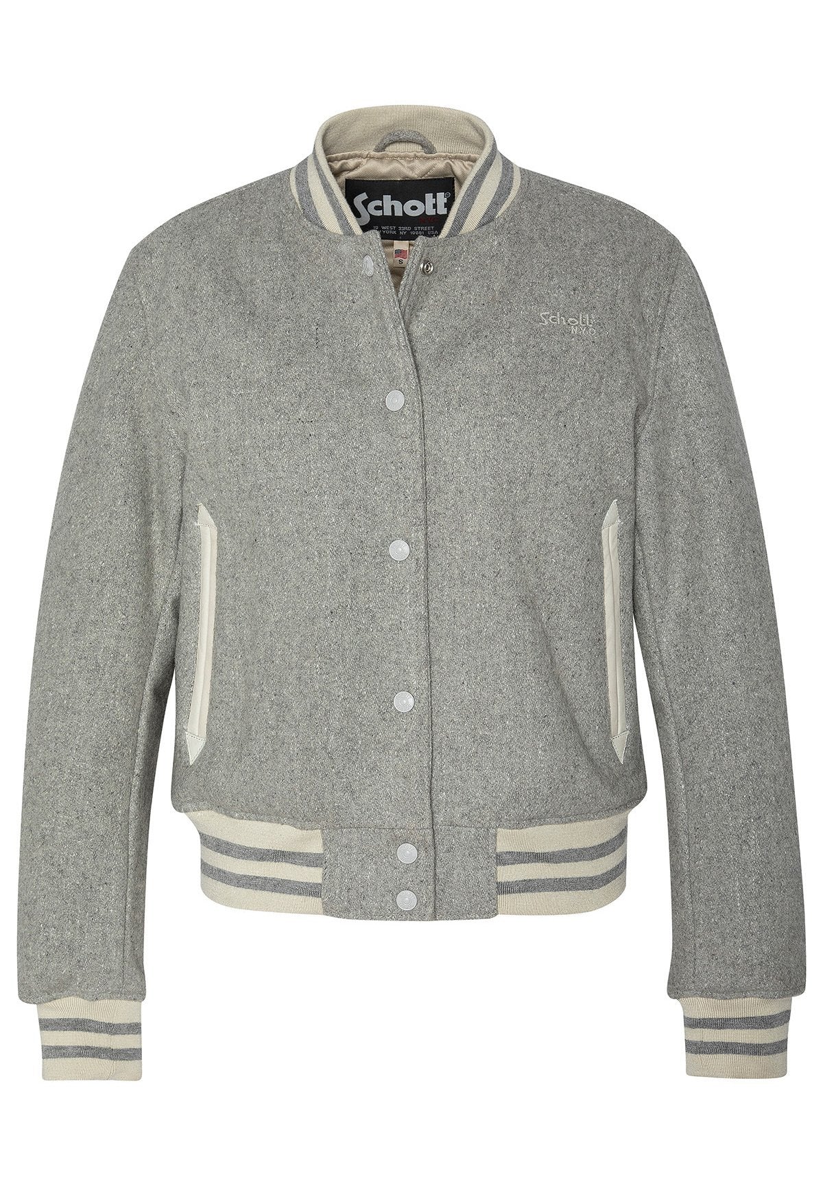 Graue Wolle-Mischung Bomberjacke mit weißen Akzenten, gerippten Bündchen und Saum. Verfügt über Druckknöpfe und seitliche Taschen mit schrägen Öffnungen.