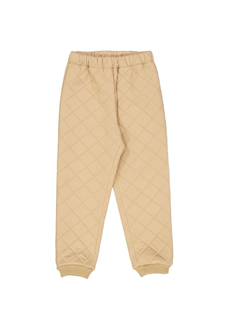 Beige, gesteppte Hosen mit einem elastischen Bund und gerippten Bündchen. Sie verfügen über ein Diamantmuster, das ein strukturiertes Erscheinungsbild verleiht.