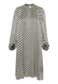 Schwarzes und weiß gestreiftes Kleid mit hohem Kragen, langen Ärmeln und gerafften Manschetten, aus leichtem Stoff mit fließendem Design.