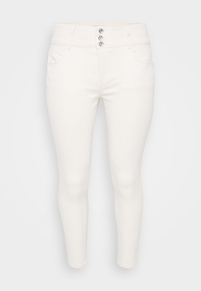Weiße schmale Jeans aus Jeansstoff mit hohem Bund, Fünf-Taschen-Design und einer Drei-Knopf-Verschlussfront. Glatte Textur im gesamten Bereich.