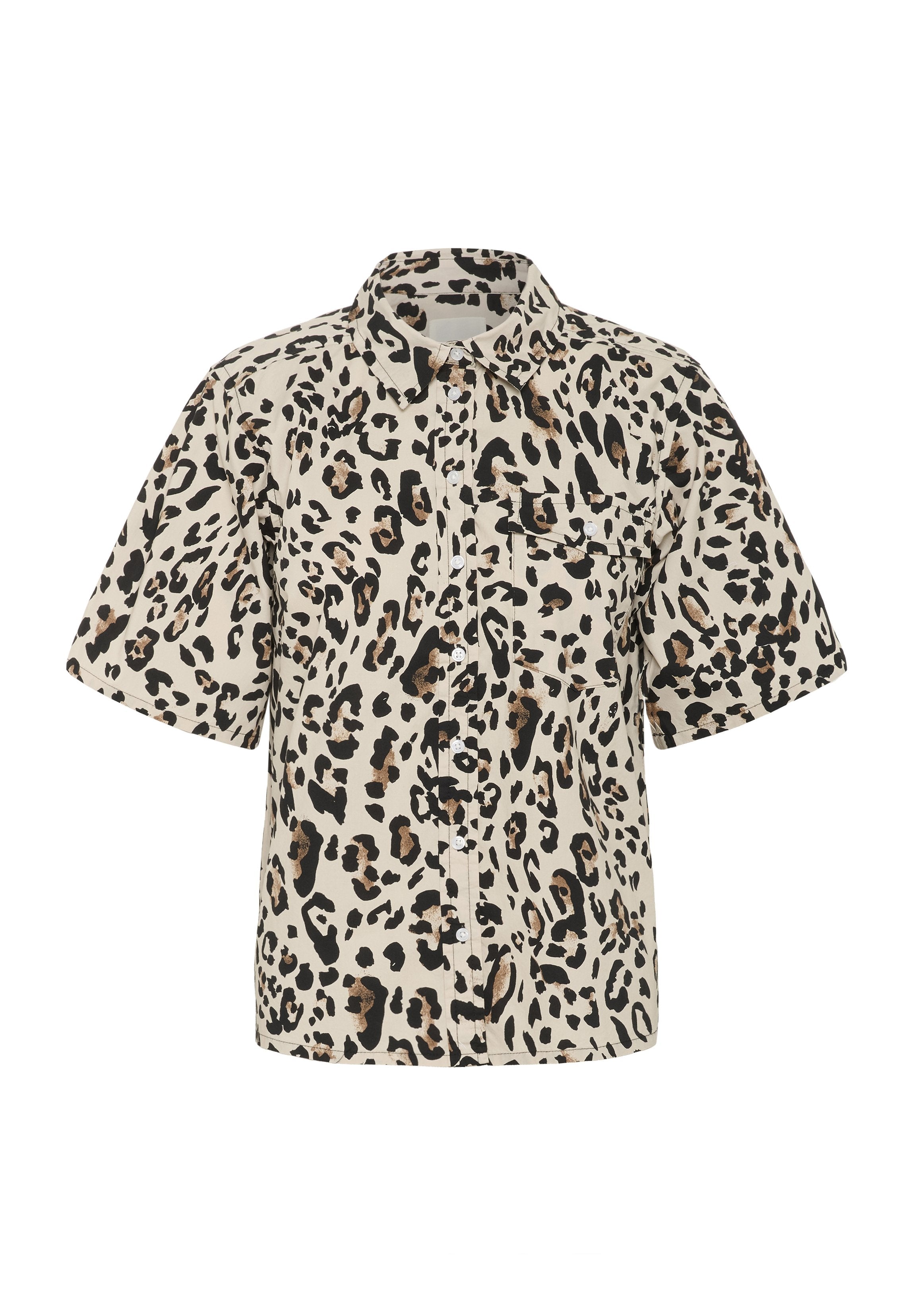 Beige Kurzarmhemd mit schwarzem und braunem Leopardenmuster, mit einem Kragenhals und einer Brusttasche. Leichtes Material.