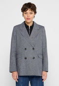 Grauer zweireihiger Blazer mit großen schwarzen Knöpfen, breiten Revers und zwei vorderen Taschen, aus strukturiertem Stoff mit einem klaren Design.