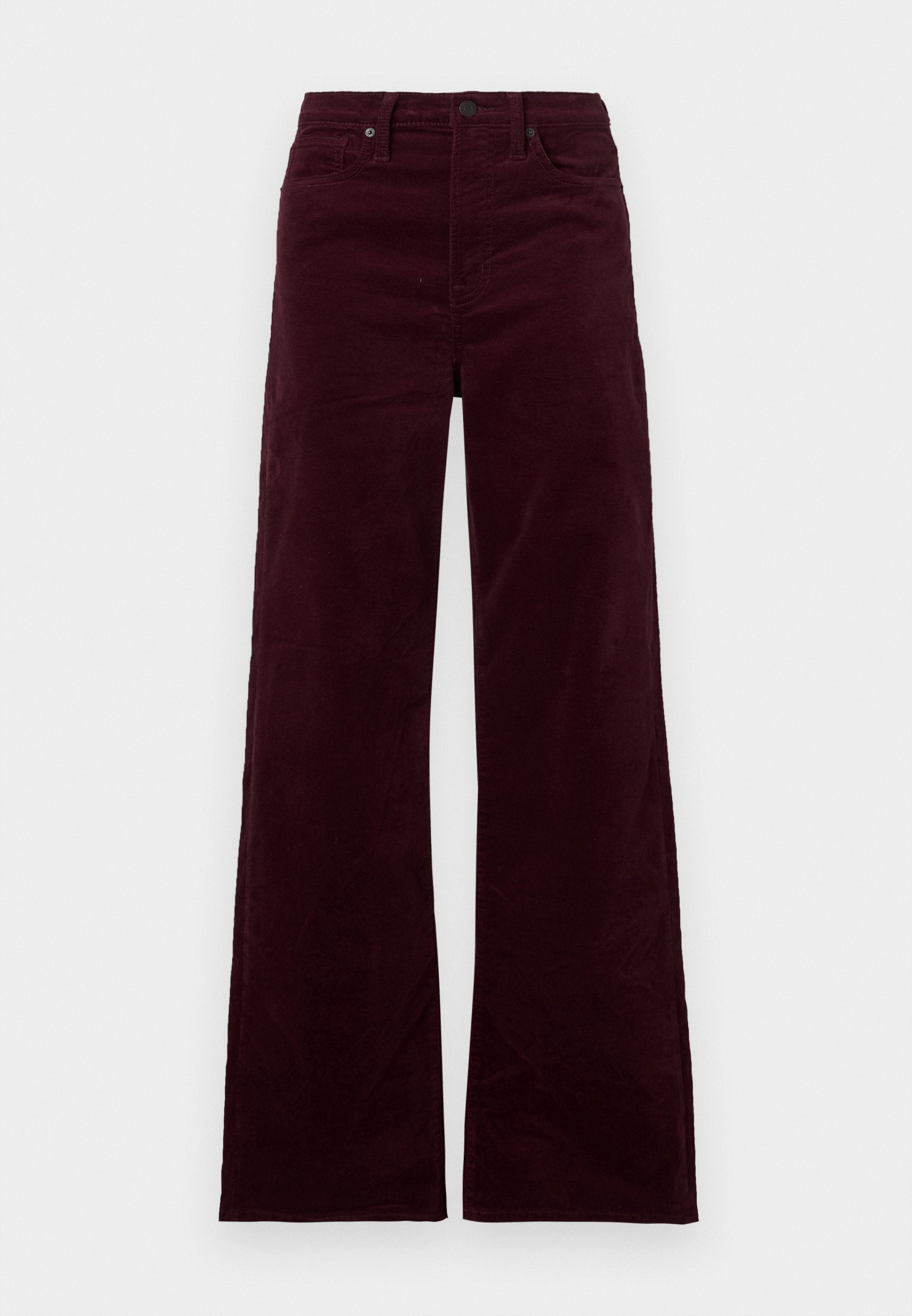 Bordeauxrote Cordhose mit weitem Bein und hoher Taille, ausgestattet mit einem Reißverschluss, Knopfverschluss und Seitentaschen. Glatte Textur mit vertikalen Rippen.