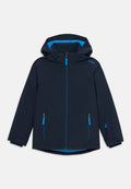 Marineblau wasserdichte Jacke mit blauer Innenseite, zwei mit Reißverschluss versehenen Fronttaschen, hohem Kragen, verstellbarem Kapuze und blauen Akzentdetails an den Reißverschlüssen.