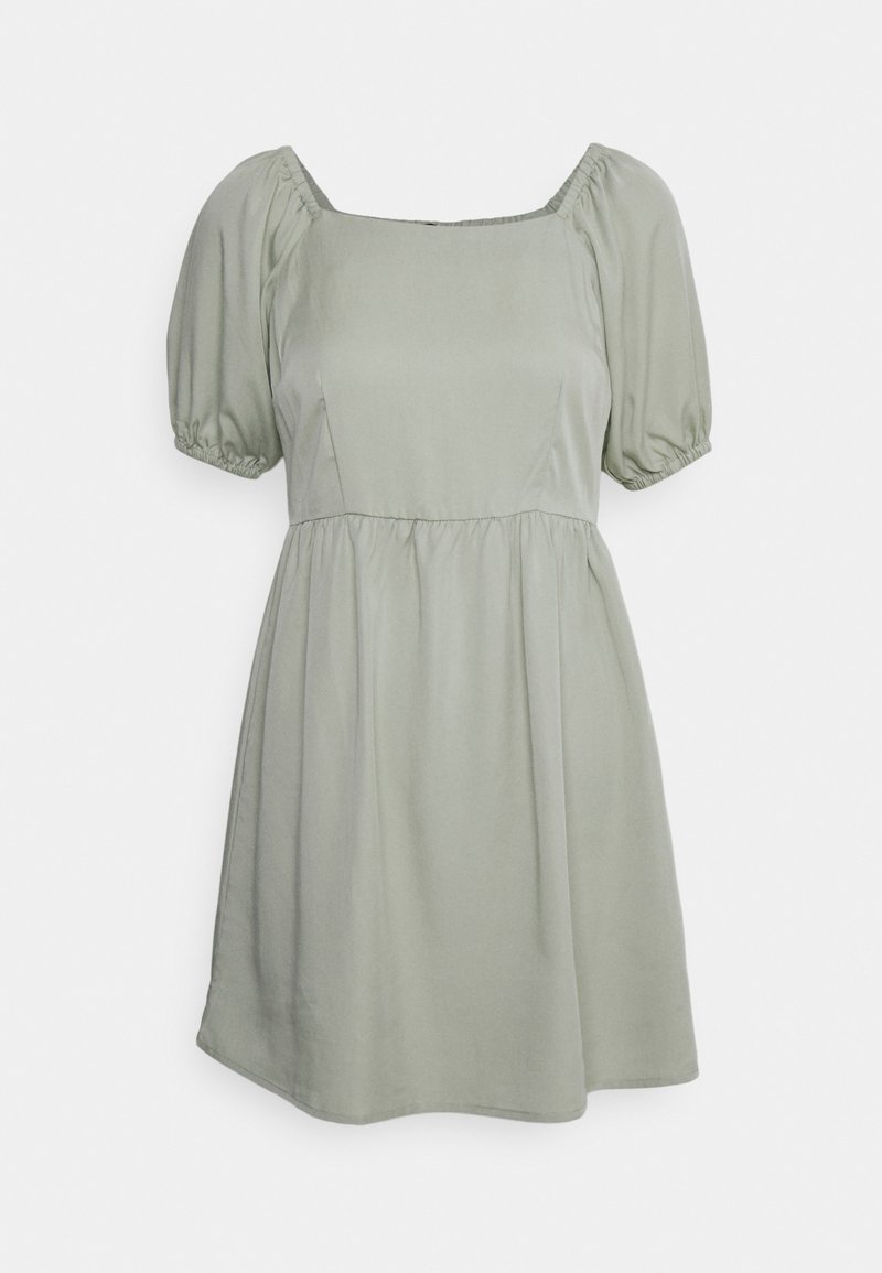 Hellgrünes Kleid mit quadratischem Ausschnitt, Puffärmeln und geraffter Taille. Aus glattem Stoff gefertigt, hat es eine entspannte, A-Linien-Silhouette.