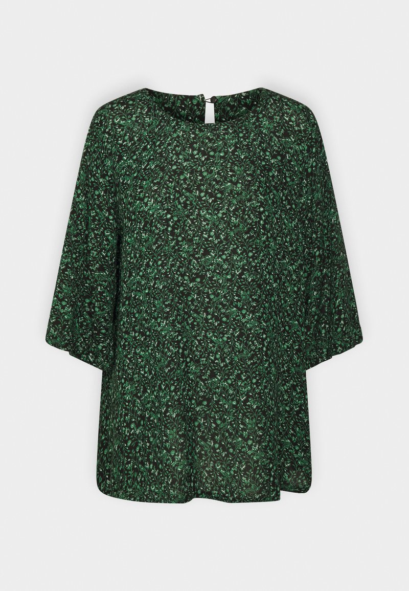 Grüne Bluse mit floralem Muster aus leichtem, transparentem Stoff. Sie verfügt über einen runden Ausschnitt und weite Ärmel sowie eine Schlüsselöffnung auf der Rückseite.
