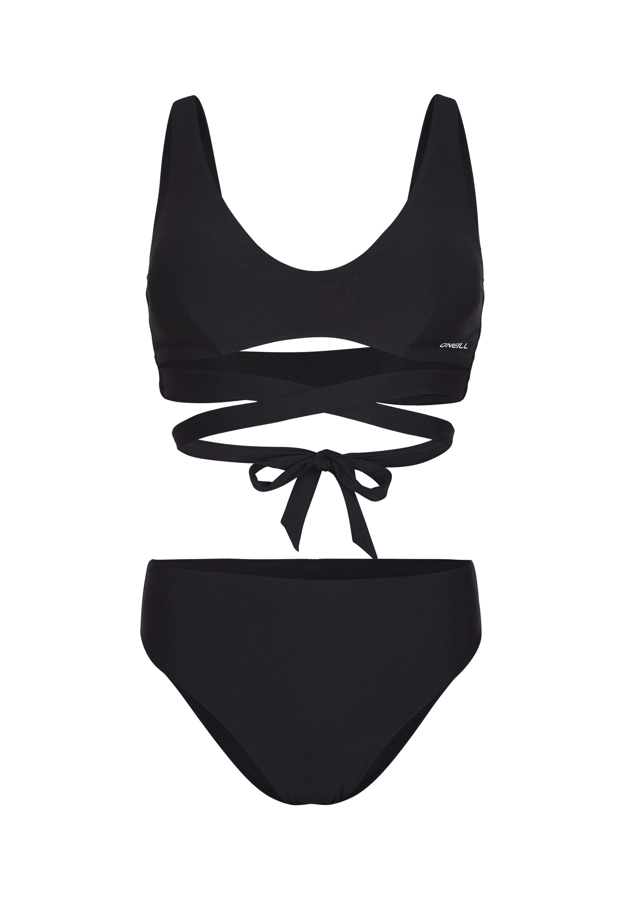 Schwarzes Bikini-Set mit einem Top mit Rundhalsausschnitt, gekreuzten Trägern und einer Bindeschließe, kombiniert mit passenden hochgeschnittenen Höschen. Glatte Textur.