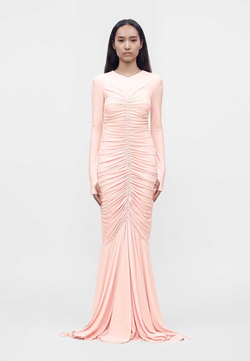 Norma Kamali LONG SLEEVE V NECK SHIRRED FRONT FISHTAIL GOWN