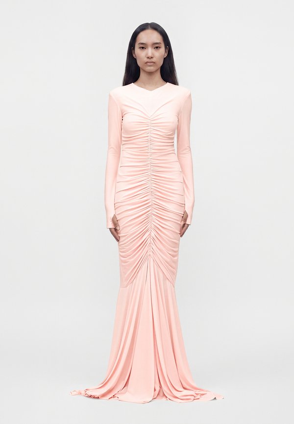 Norma Kamali LONG SLEEVE V NECK SHIRRED FRONT FISHTAIL GOWN