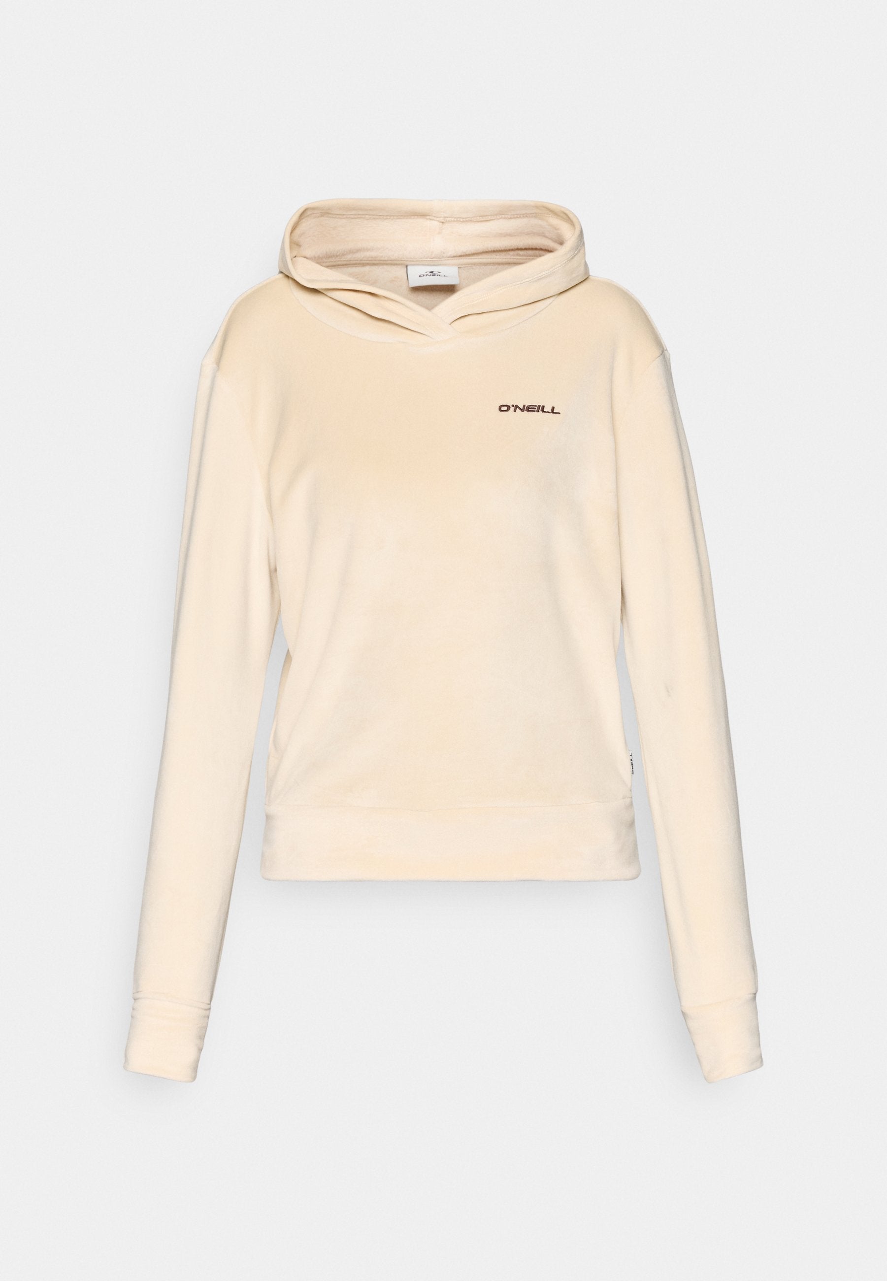 Cremefarbene Kapuzenjacke aus weichem Material, mit einer Kängurutasche und einem Logo auf der Brust. Lange Ärmel mit passenden Bündchen.