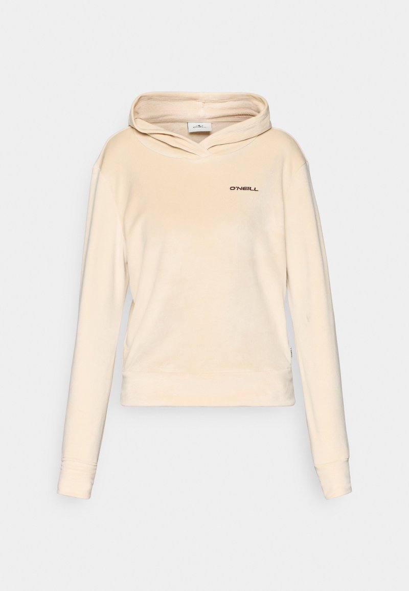 Cremefarbene Kapuzenjacke aus weichem Material, mit einer Kängurutasche und einem Logo auf der Brust. Lange Ärmel mit passenden Bündchen.
