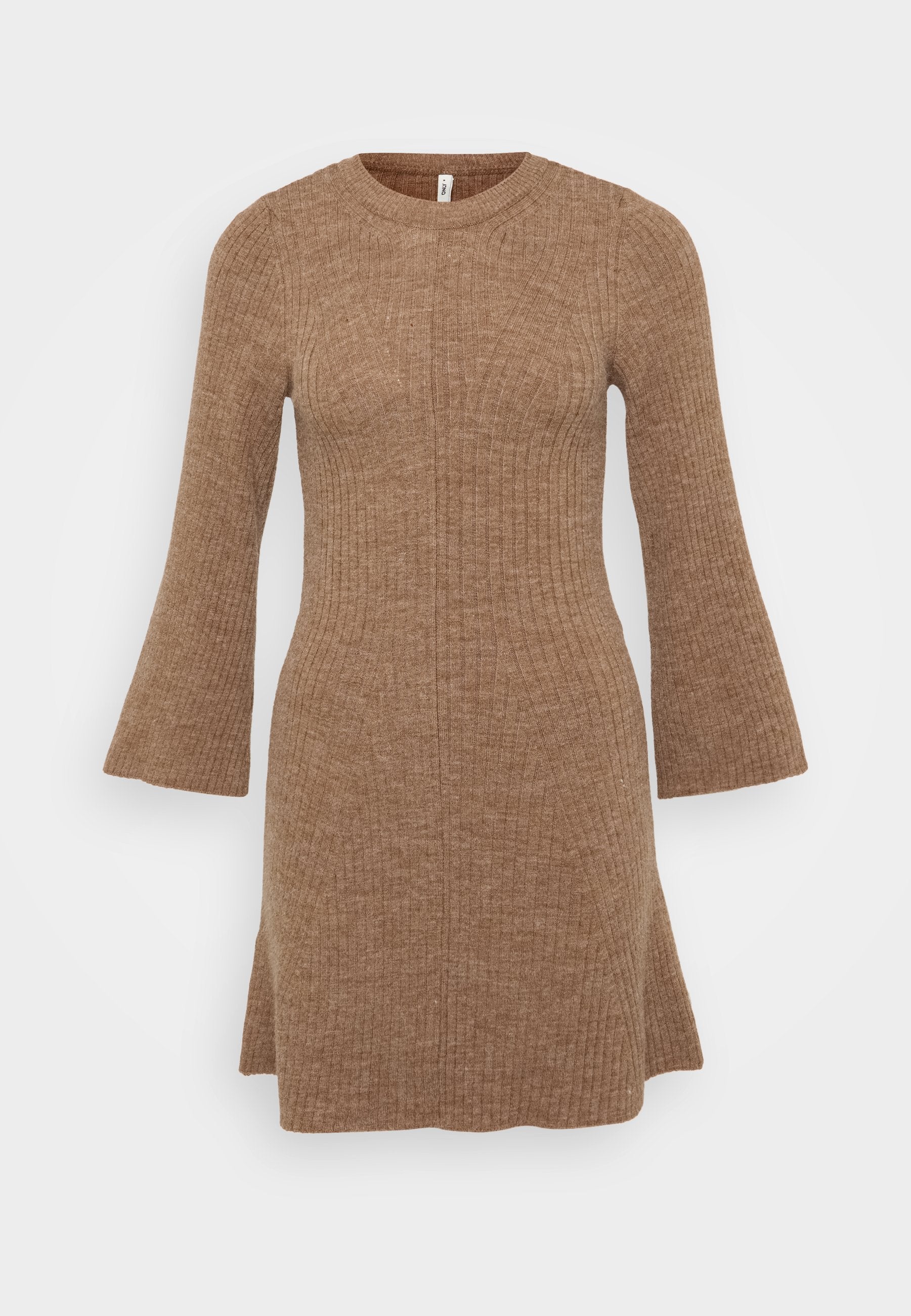 Geripptes Kleid in einem warmen Braunton, mit Rundhalsausschnitt und ausladenden Ärmeln, einem taillierten Oberteil und A-Linien-Silhouette.