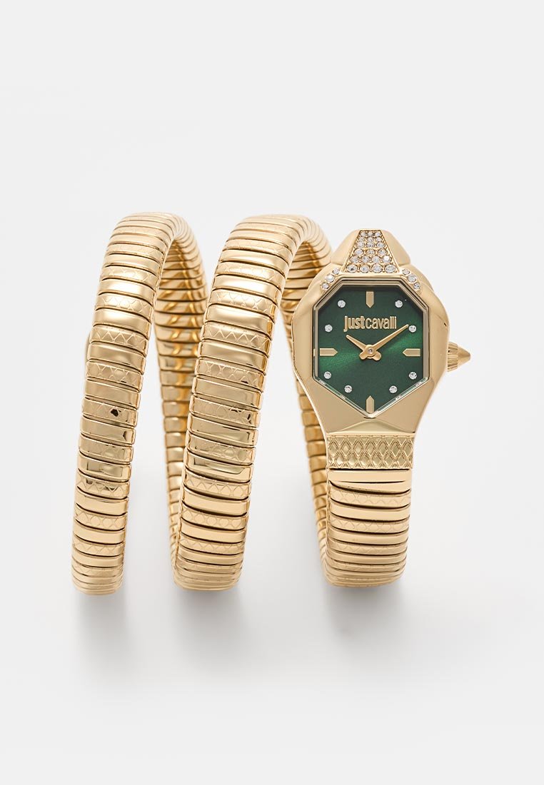 Goldfarbene Armbanduhr mit flexiblem Armband, achteckigem Zifferblatt, grünem Ziffernblatt, Kristallakzenten und strukturierten Gliedern. Verfügt über Stundenmarkierungen und Zeiger.