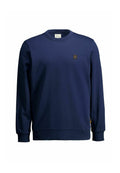 Navyblauer Sweatshirt aus weichem Stoff, mit Rundhalsauschnitt, gerippten Bündchen und Saum, sowie einem kleinen braunen Logopatch auf der Brust.