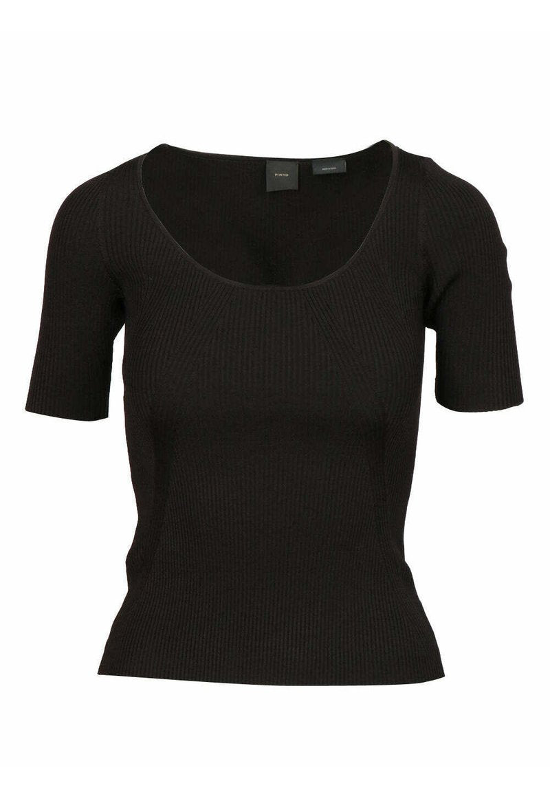 Schwarzes geripptes Stricktop mit kurzen Ärmeln und rundem Ausschnitt. Enganliegendes Design und glatte Textur. Etikett am Hals sichtbar.
