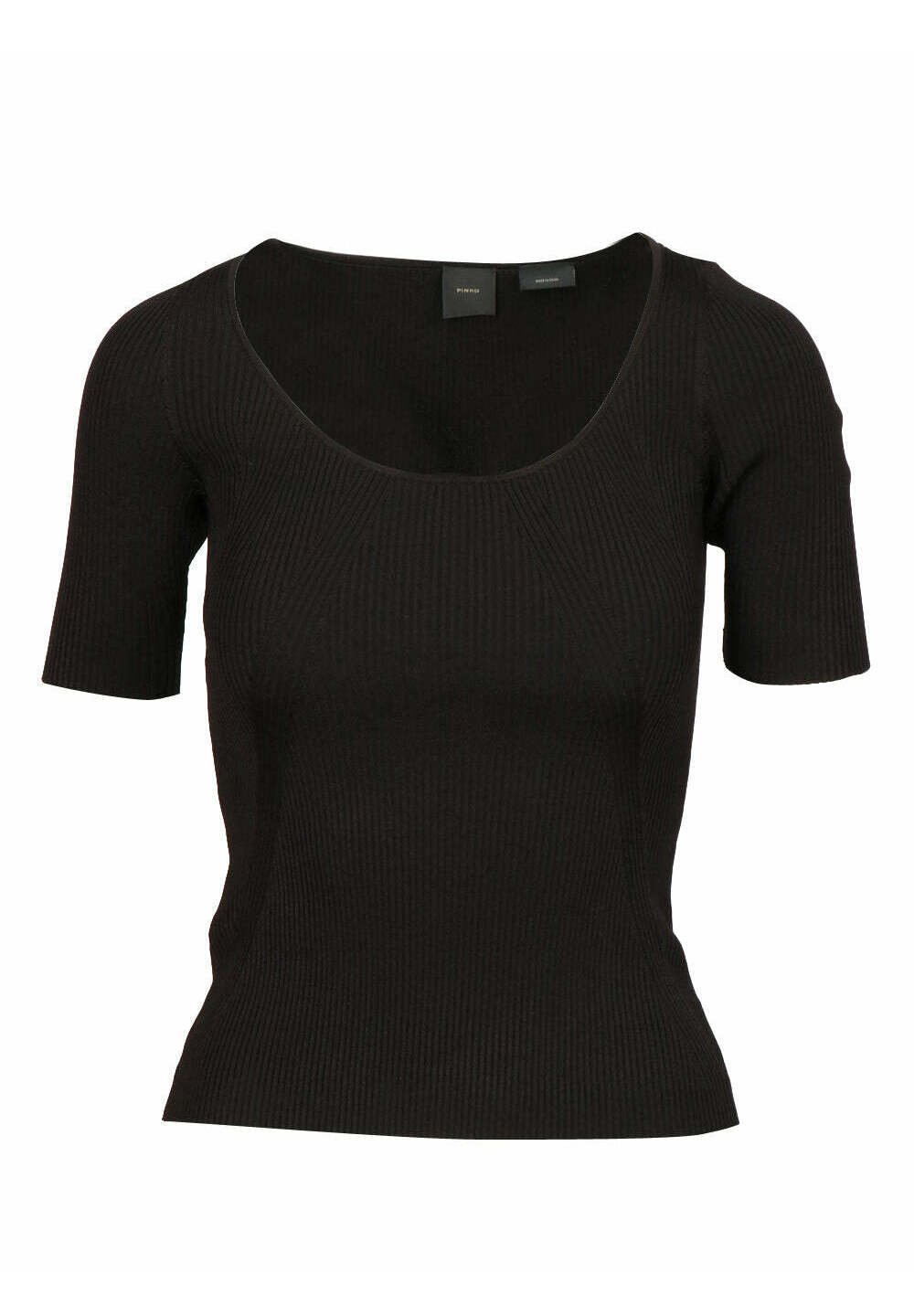 Schwarzes geripptes Stricktop mit kurzen Ärmeln und rundem Ausschnitt. Enganliegendes Design und glatte Textur. Etikett am Hals sichtbar.