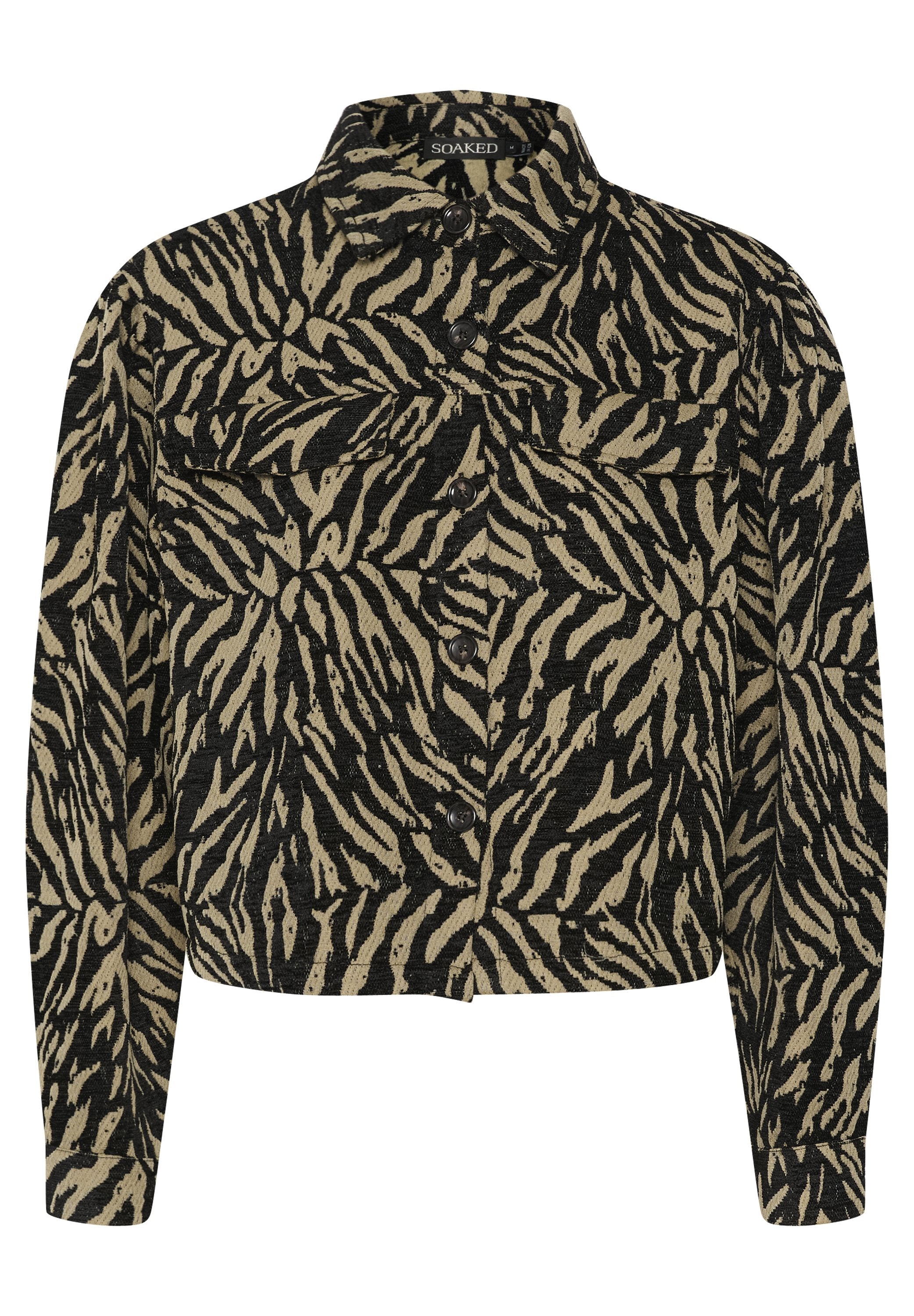 Gekürzte Knopfjacke im schwarz-beigen Zebra-Print-Design, mit zwei vorderen Taschen und einem spitz zulaufenden Kragen. Strukturierten Stoff.